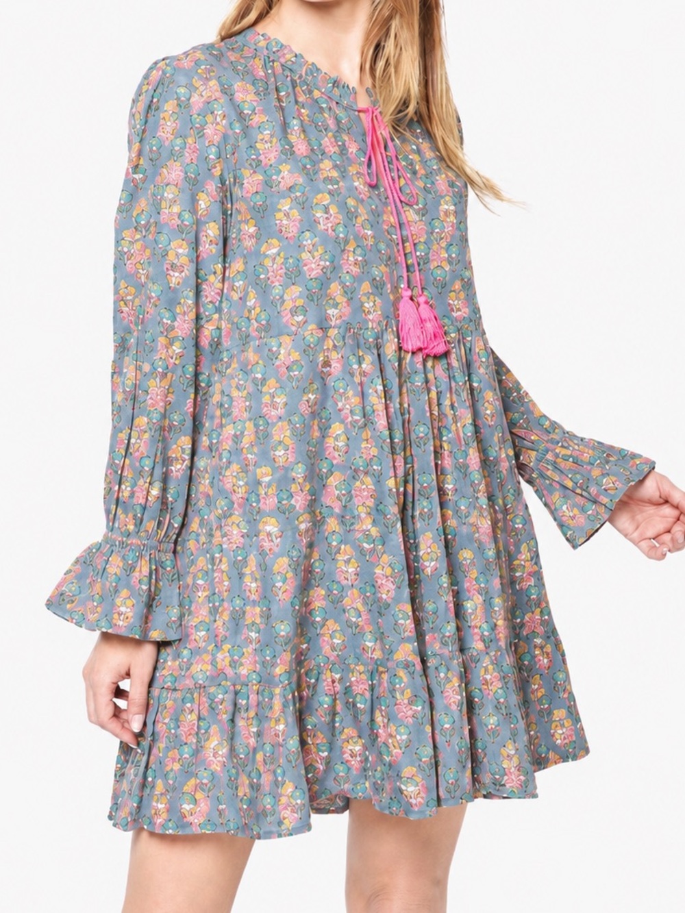 MODERN SOUL Boho 100% Cotton Ruffle Blue & Pink Floral Tiered Tassel Mini Dress